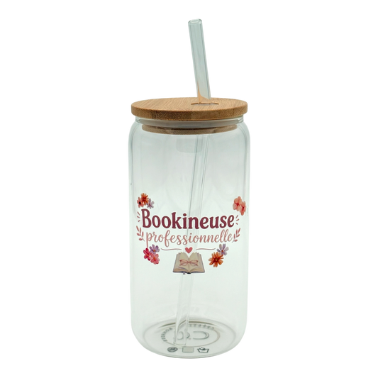 Tumbler en verre avec couvercle et paille (16 oz) - Bookineuse professionnelle 🌸📖