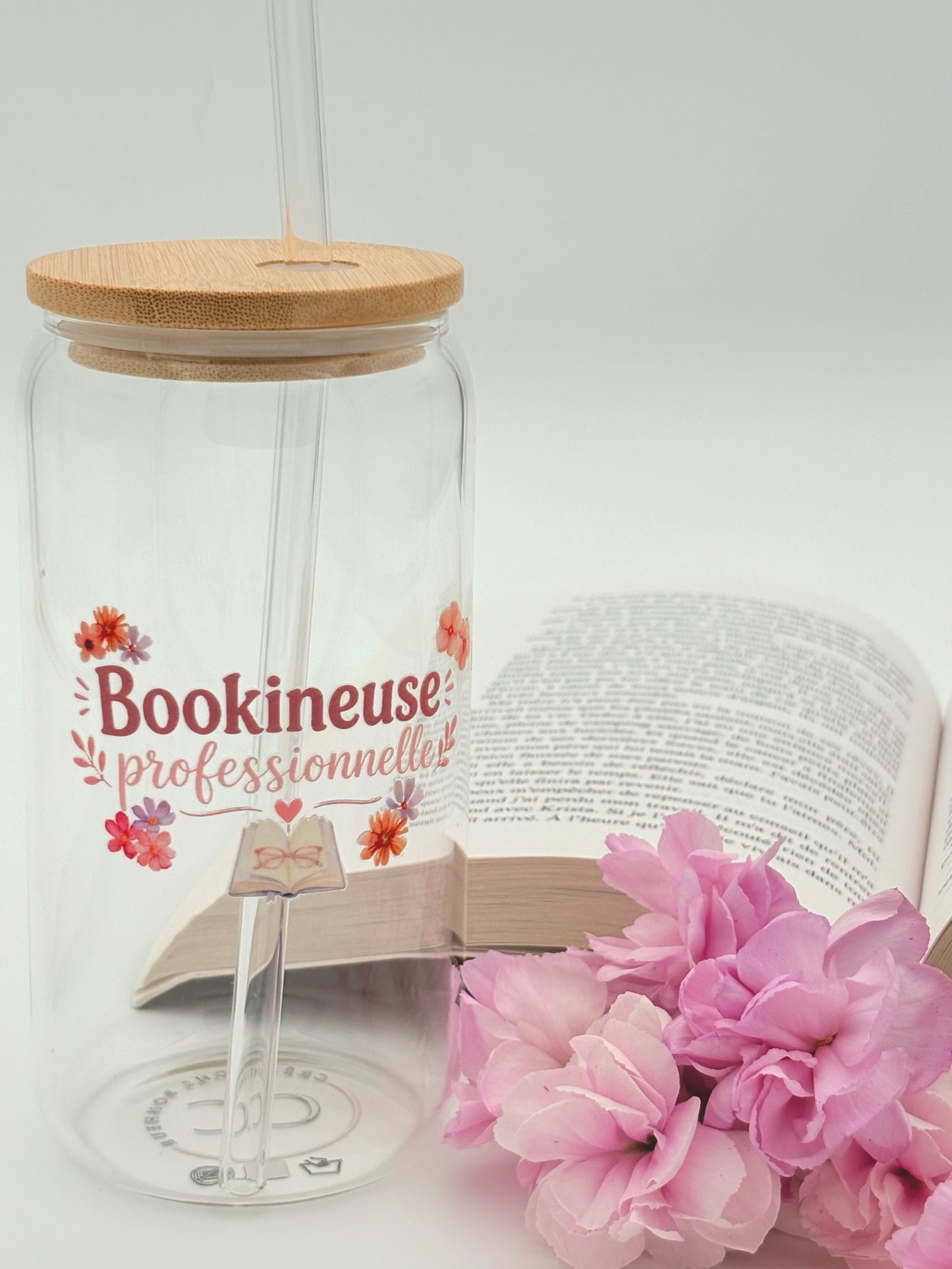 Tumbler en verre avec couvercle et paille (16 oz) - Bookineuse professionnelle 🌸📖