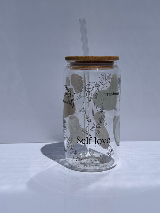 Tumbler en verre avec couvercle et paille (16 oz) - Self love 💌