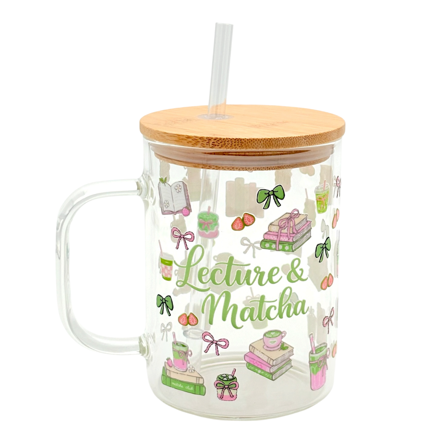 Tasse en verre avec couvercle et paille (17 oz) - Lecture & Matcha 🍵📖