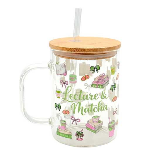 Tasse en verre avec couvercle et paille (17 oz) - Lecture & Matcha 🍵📖