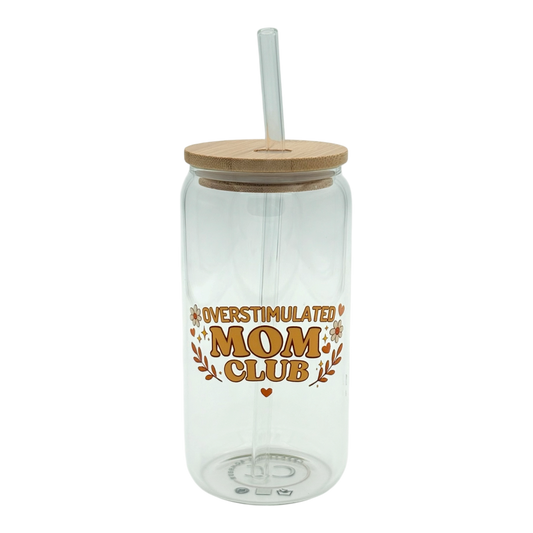 Tumbler en verre avec couvercle et paille (16 oz) - Overstimulated mom club 🙃🍂🫠