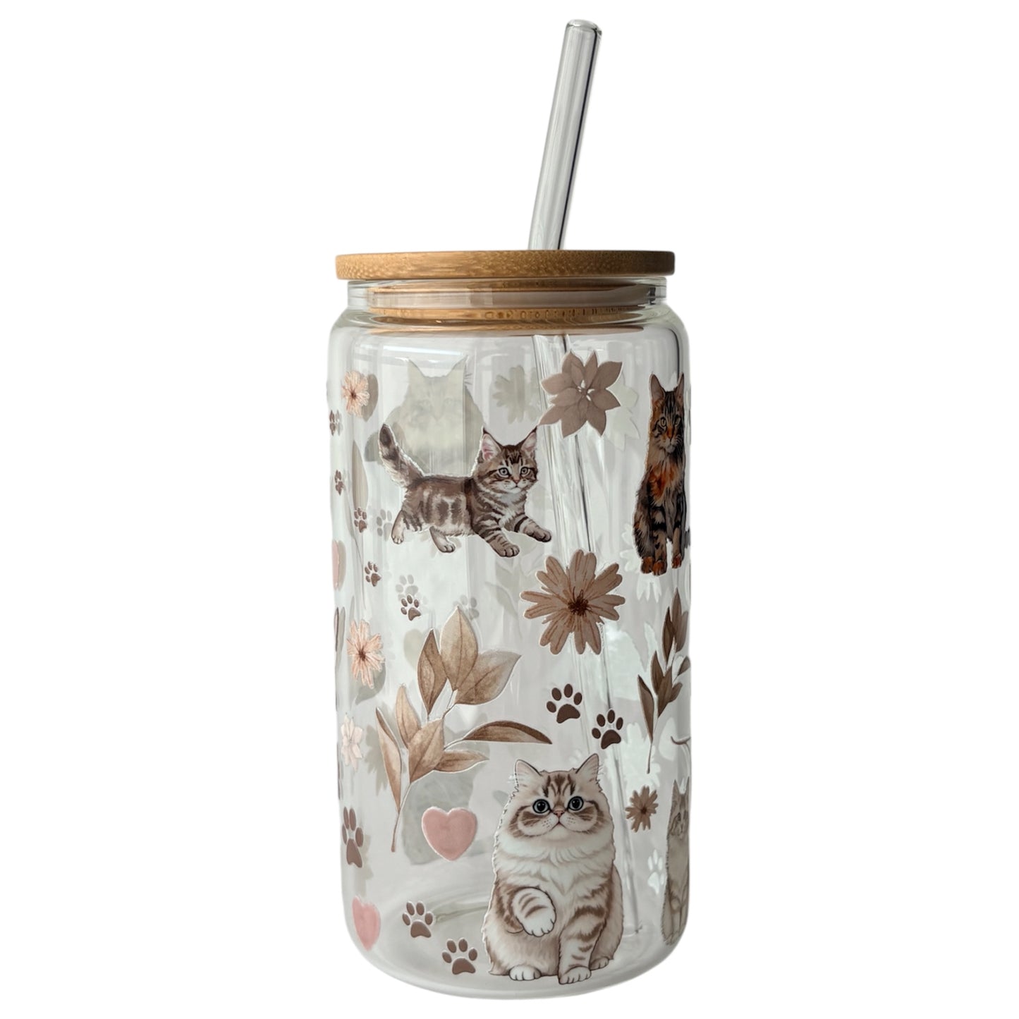 Tumbler en verre avec couvercle et paille (16 oz) - Douceur féline 🐈