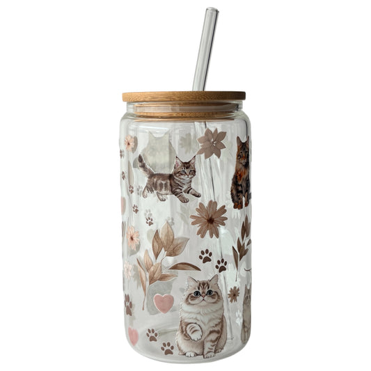 Tumbler en verre avec couvercle et paille (16 oz) - Douceur féline 🐈
