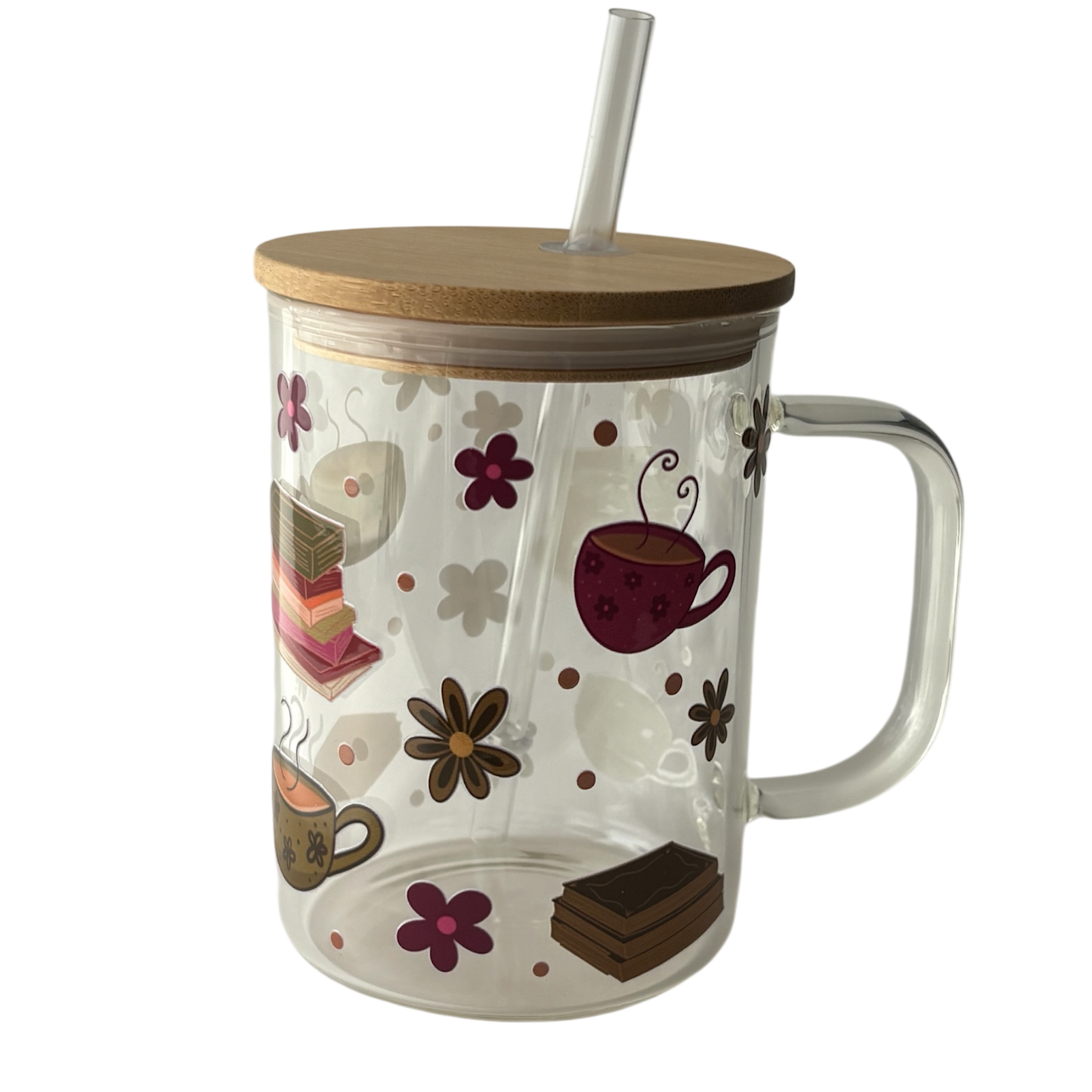 Tasse en verre avec couvercle et paille (17 oz) - Café & livre