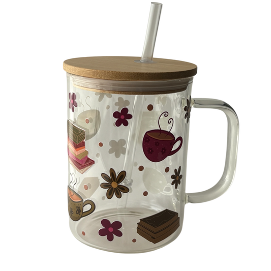Tasse en verre avec couvercle et paille (17 oz) - Café & livre