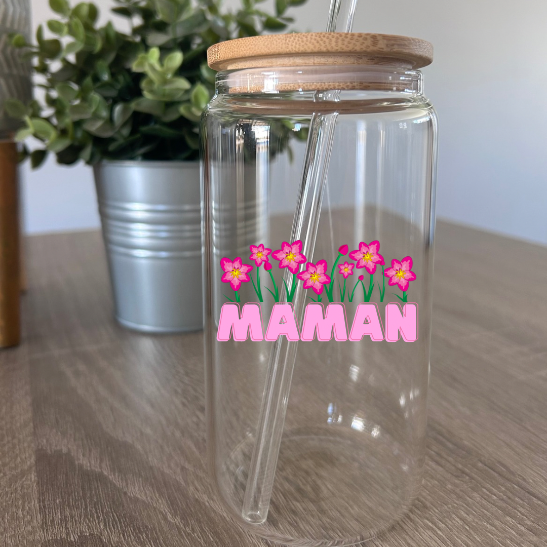 Tumbler en verre avec couvercle et paille (16 oz) - Maman 💕