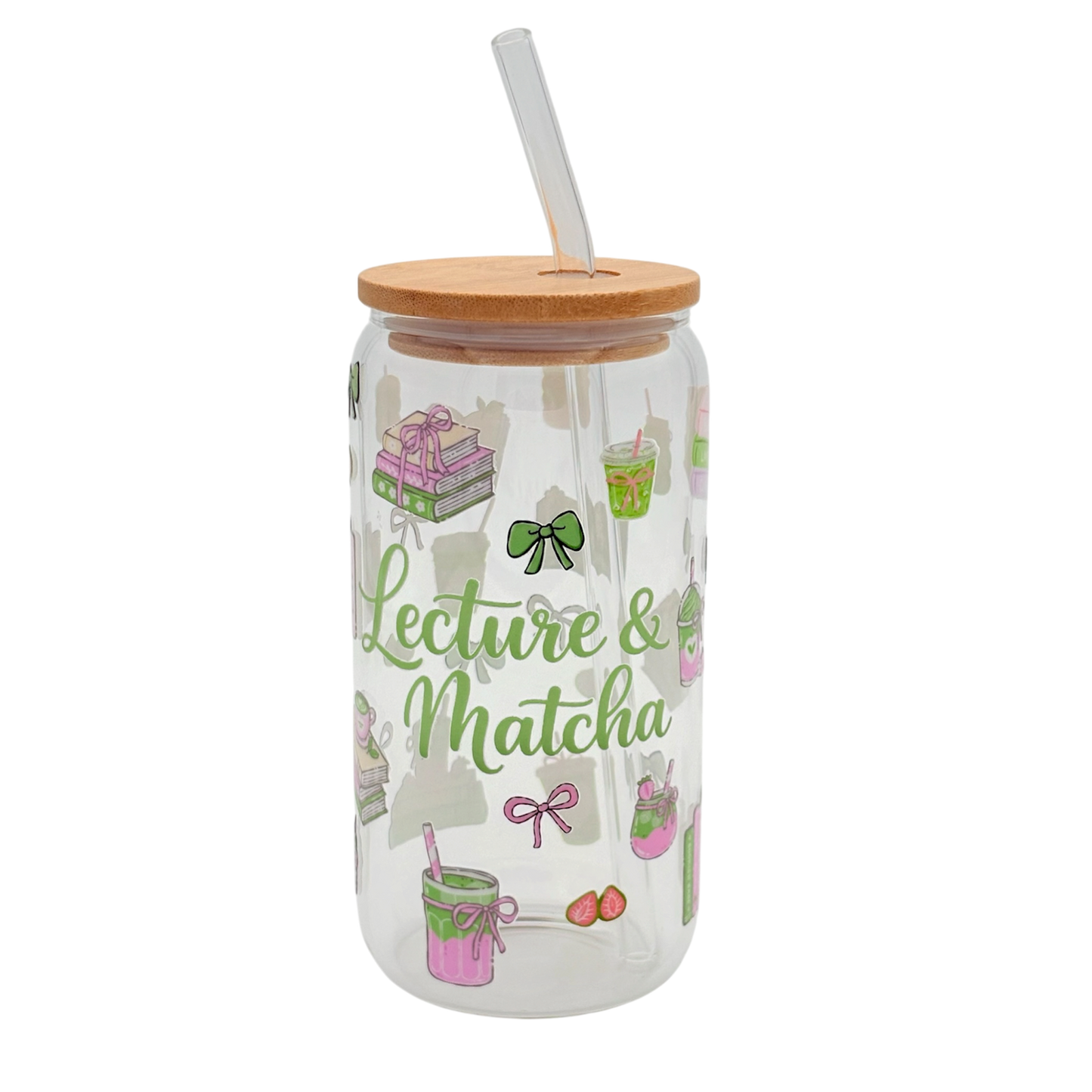 Tumbler en verre avec couvercle et paille (16 oz) - Lecture & Matcha 🍵📖