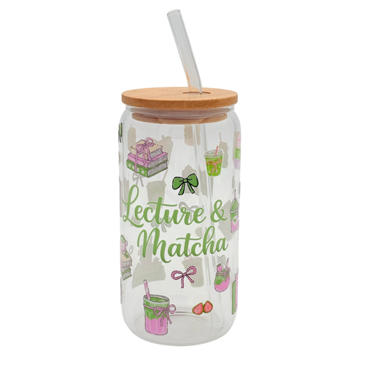 Tumbler en verre avec couvercle et paille (16 oz) - Lecture & Matcha 🍵📖