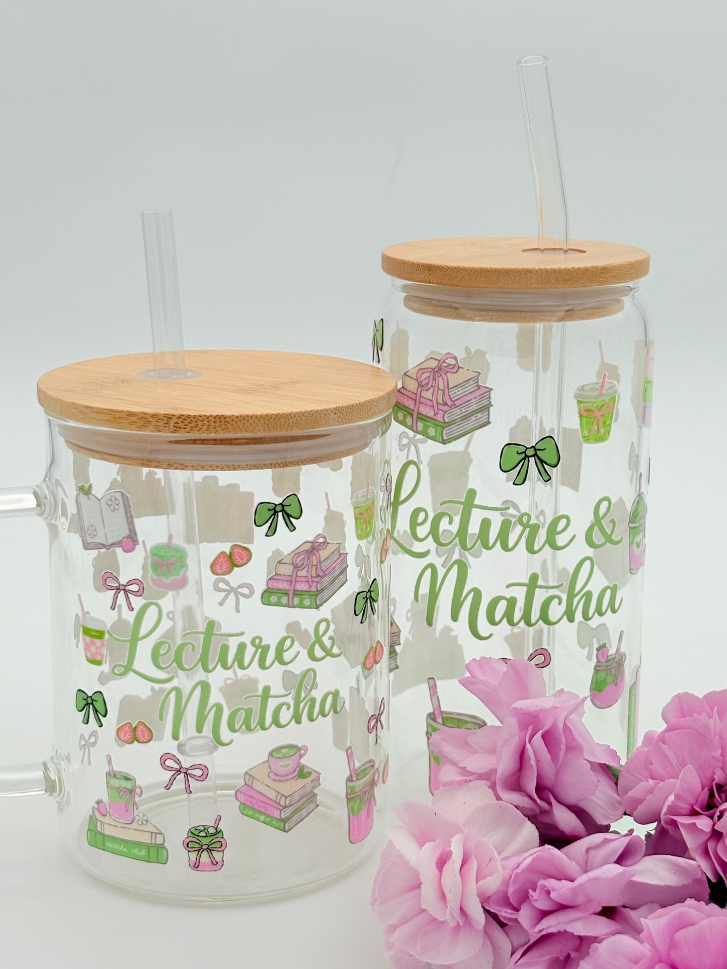 Tumbler en verre avec couvercle et paille (16 oz) - Lecture & Matcha 🍵📖