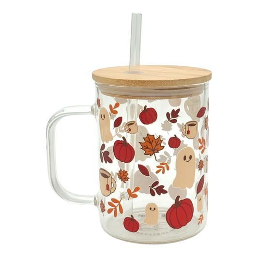 Tasse en verre avec couvercle et paille (16 oz) - Café d'automne🍂☕️