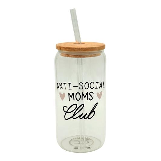 Tumbler en verre avec couvercle et paille (16 oz) - Anti-social moms club 🩷