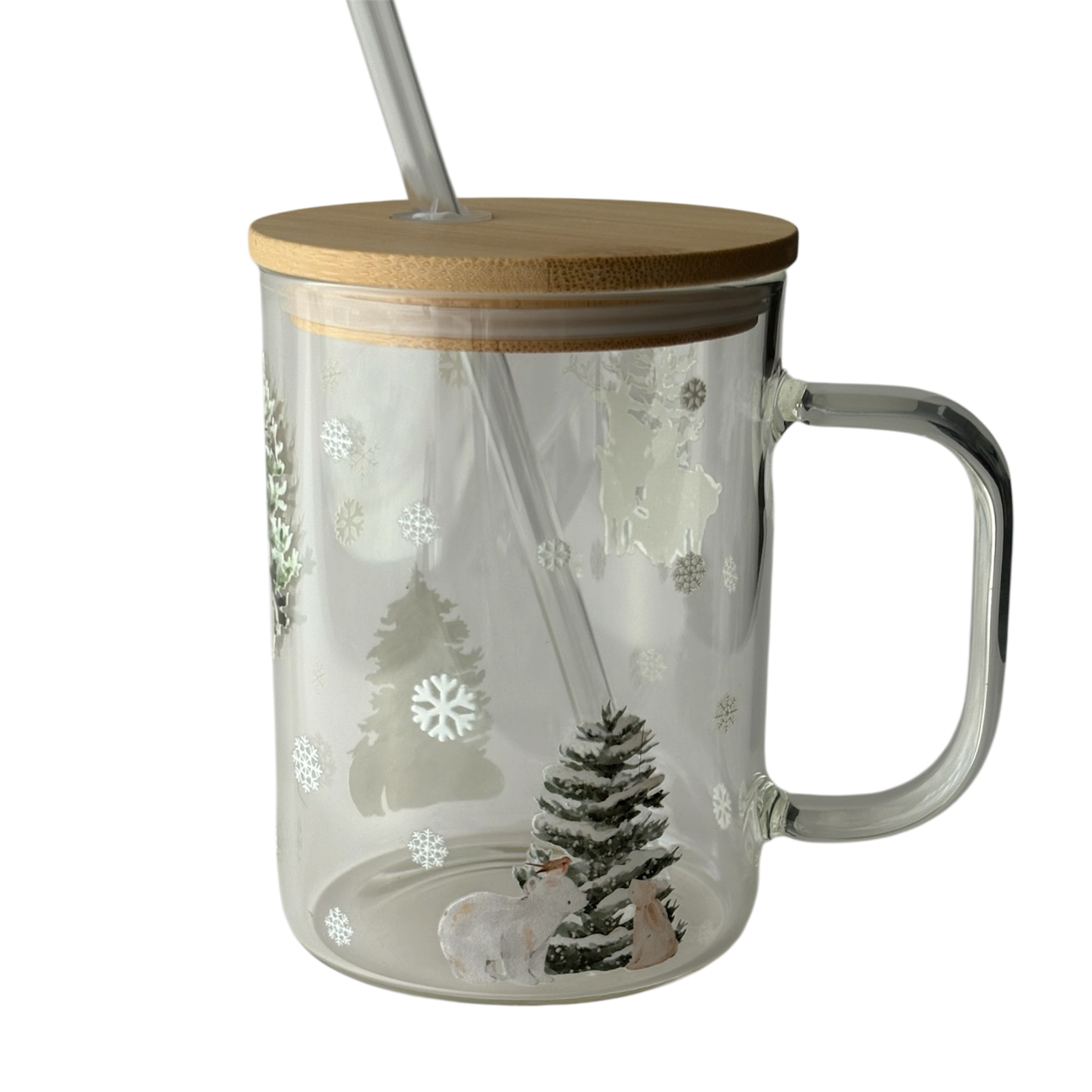 Tasse en verre avec couvercle et paille (17 oz) - Animaux d'hiver