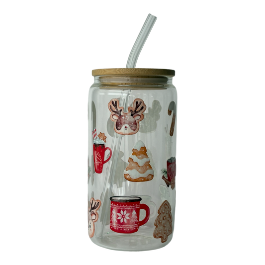 Tumbler en verre avec couvercle et paille (16 oz) - Petit bonheur 🍪☕️❤️
