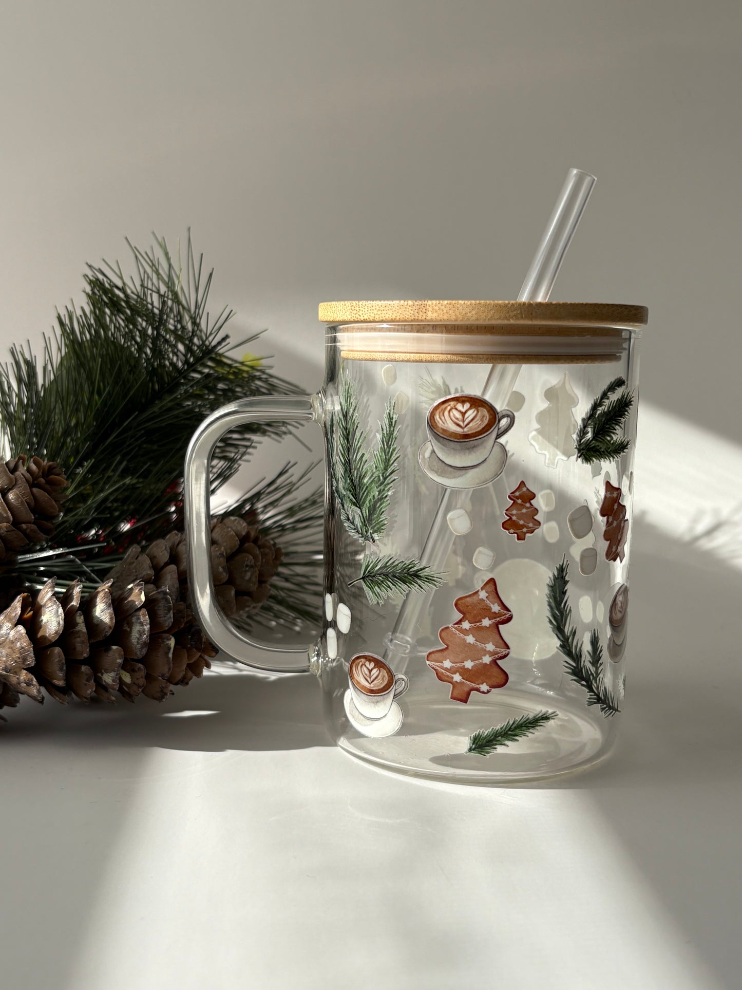 Tasse en verre avec couvercle et paille (17 oz) - Café de Noel