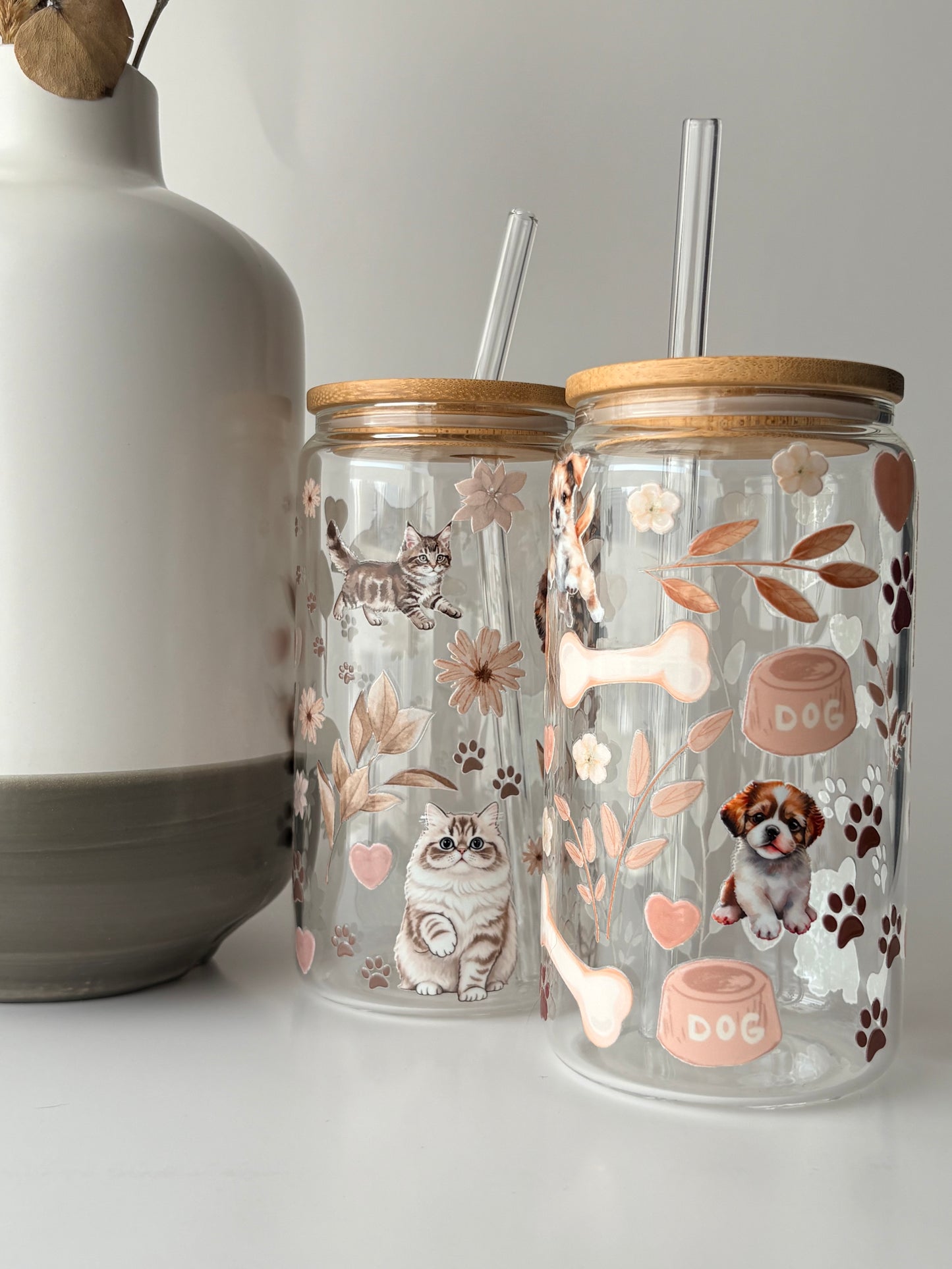 Tumbler en verre avec couvercle et paille (16 oz) - Amour canin 🐶🤎