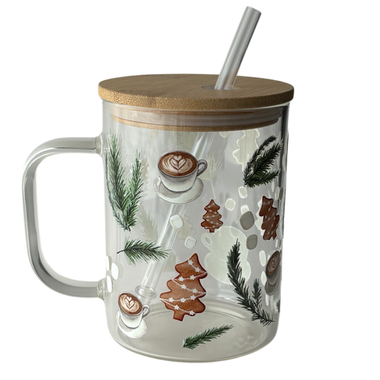 Tasse en verre avec couvercle et paille (17 oz) - Café de Noel
