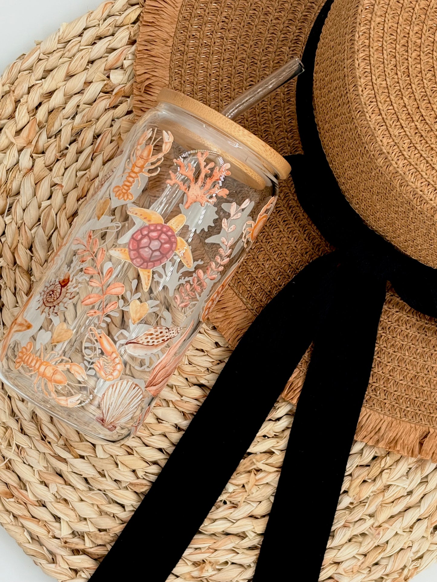 Tumbler en verre avec couvercle et paille (16 oz) - Douce marée 🦐🦞🦀
