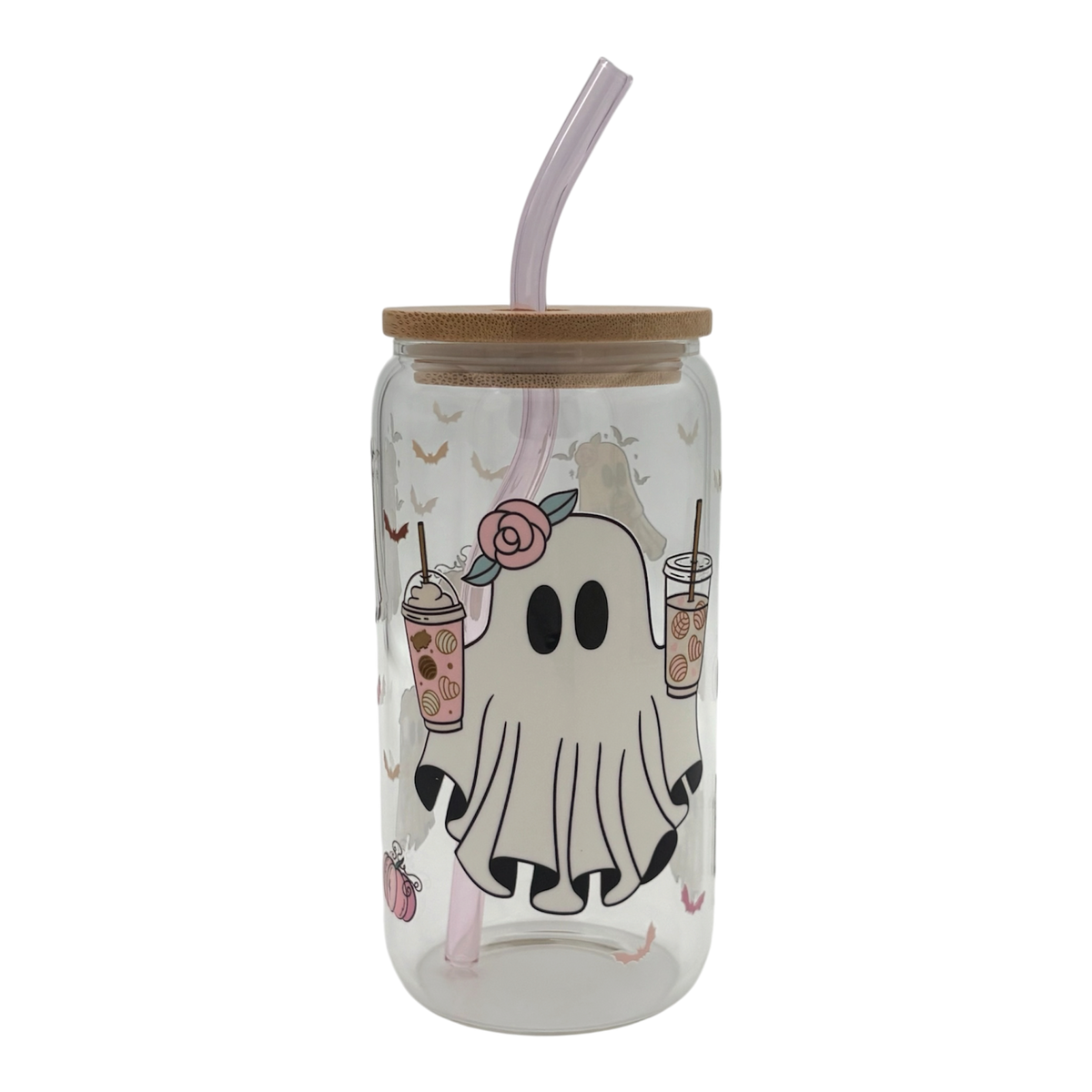 Tumbler en verre avec couvercle et paille (16 oz) - Fantôme caféiné👻☕️