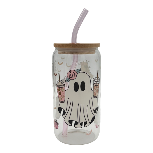 Tumbler en verre avec couvercle et paille (16 oz) - Fantôme caféiné👻☕️