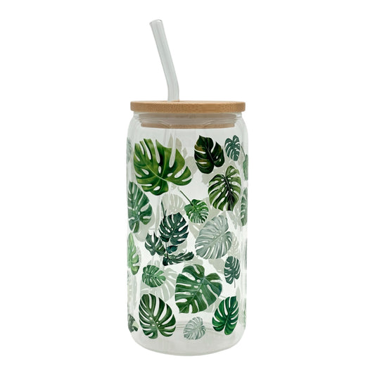 Tumbler en verre avec couvercle et paille (16 oz) - Monstera 🪴