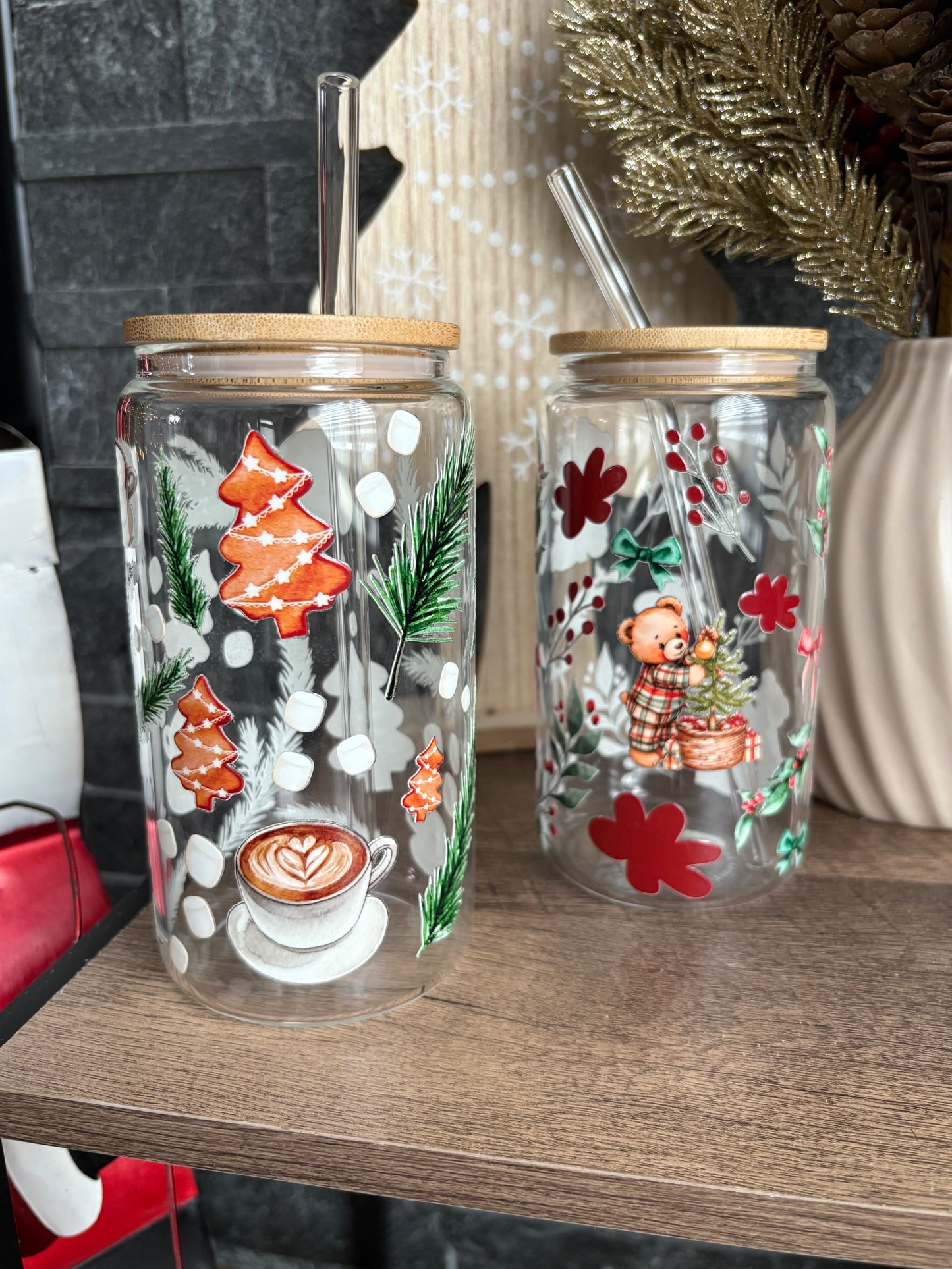 Tumbler en verre avec couvercle et paille (16 oz) - Café de Noël ☕️🌲