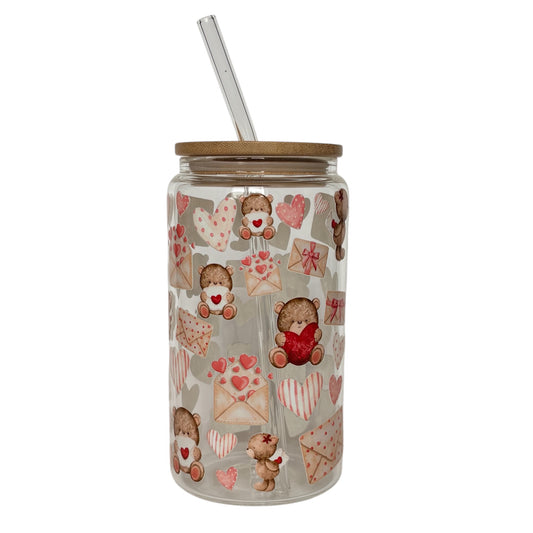 Tumbler en verre avec couvercle et paille (16 oz) - Bisou d’ourson 🧸💋