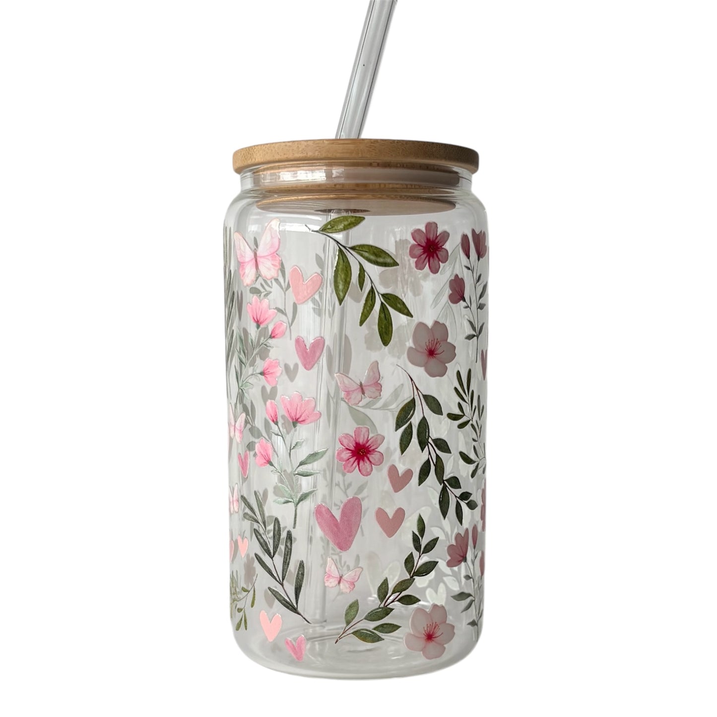 Tumbler en verre avec couvercle et paille (16 oz) - Coeur de papillons 🦋🩷