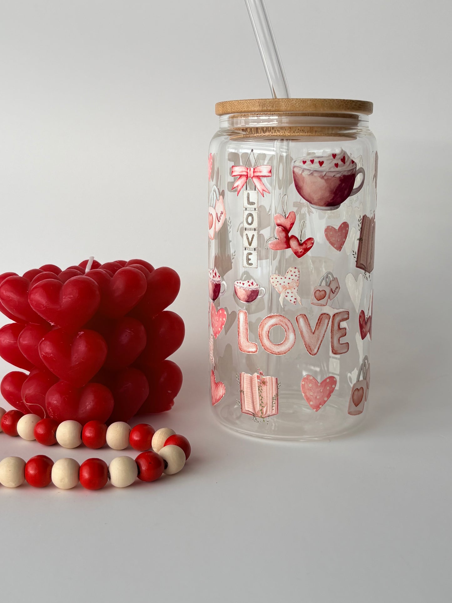 Tumbler en verre avec couvercle et paille (16 oz) - Love 🩷