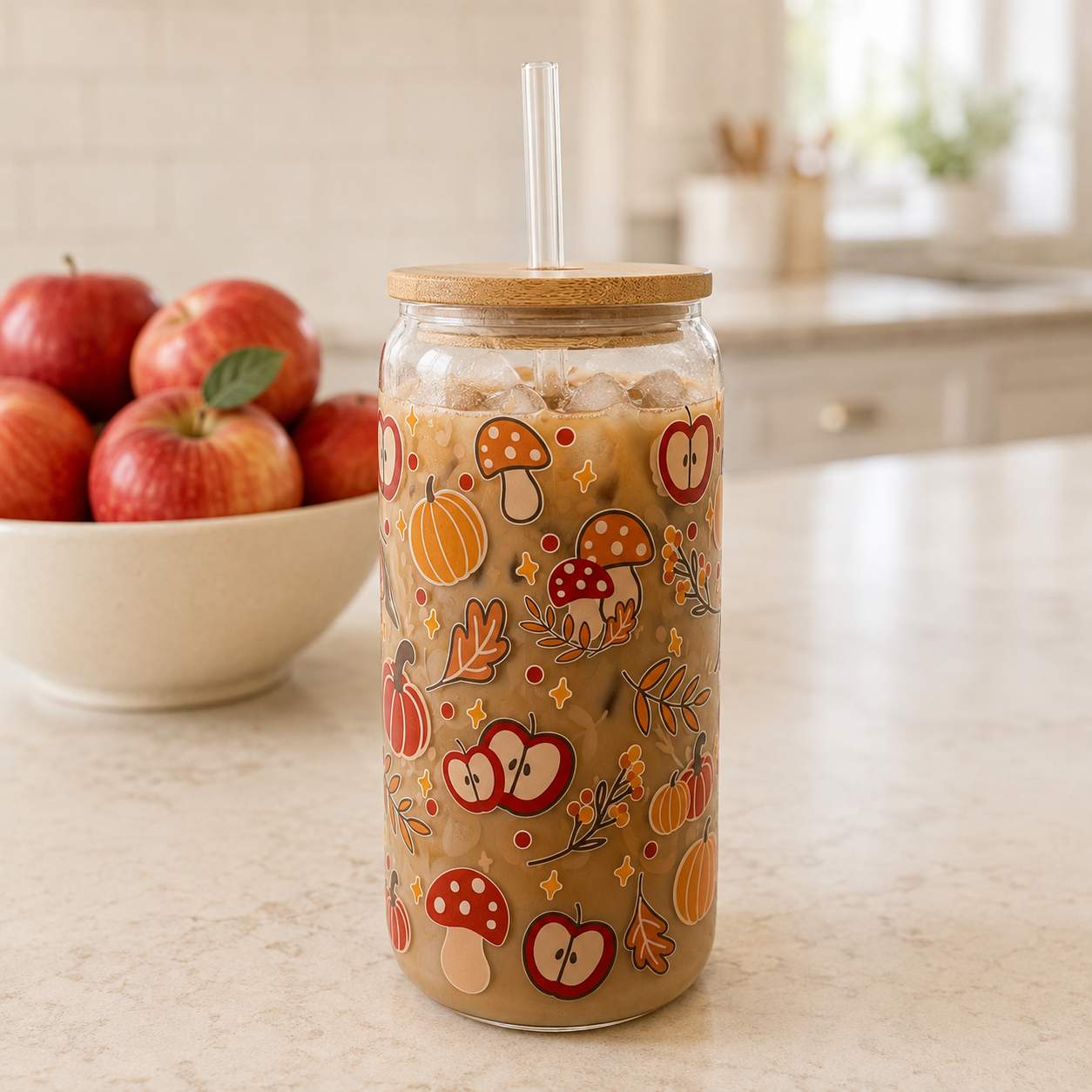 Tumbler en verre avec couvercle et paille (16 oz) - Pommes & Citrouilles 🍎🎃