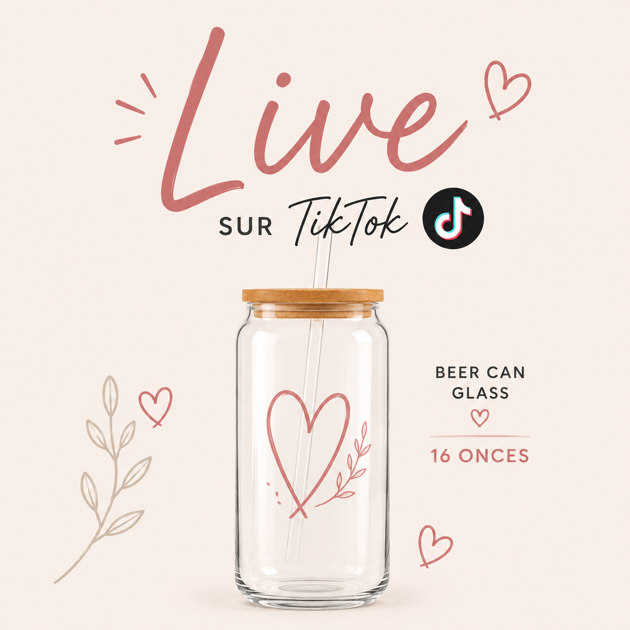 Tumbler en verre avec couvercle et paille (16 oz) - LIVE TIKTOK