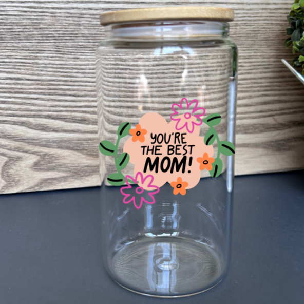 Tumbler en verre avec couvercle et paille (16 oz) - The best mom 🏆