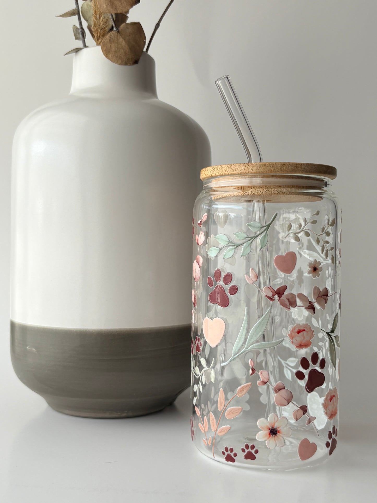 Tumbler en verre avec couvercle et paille (16 oz) - Pattes & fleurs 🐾🌷