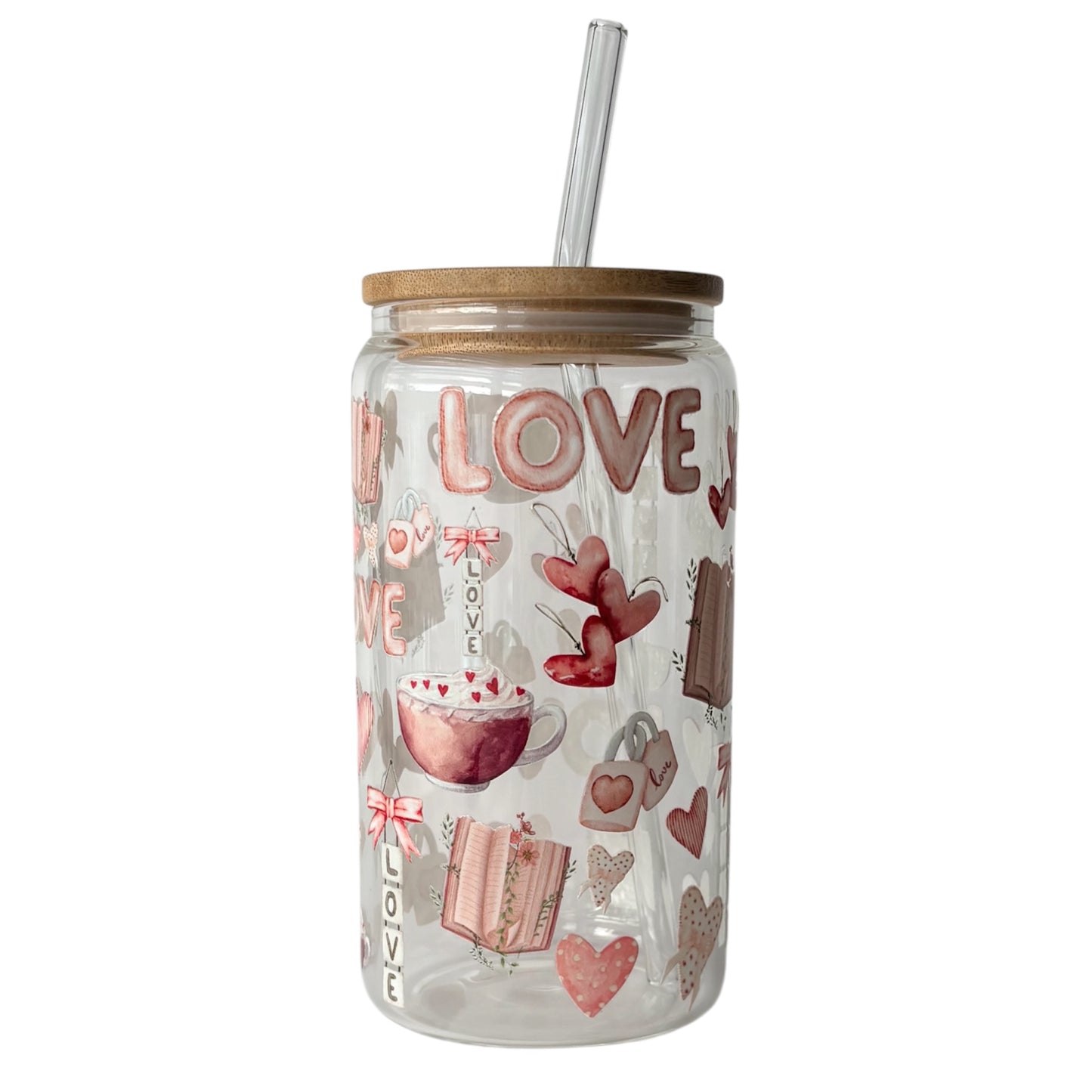 Tumbler en verre avec couvercle et paille (16 oz) - Love 🩷