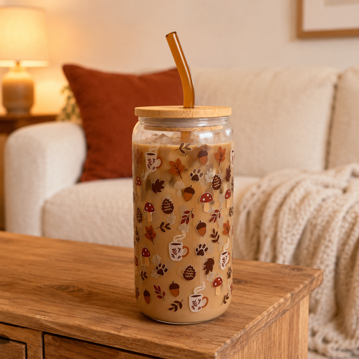 Tumbler en verre avec couvercle et paille (16 oz) - Pattes d'automne 🐾🍂