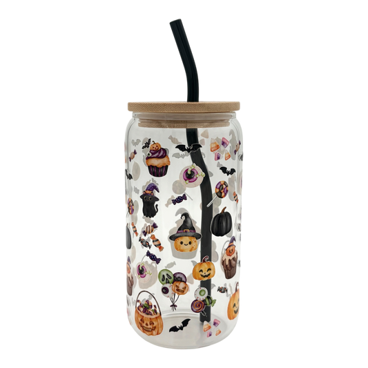 Tumbler en verre avec couvercle et paille (16 oz) - Trick & Treat 🍭🍬