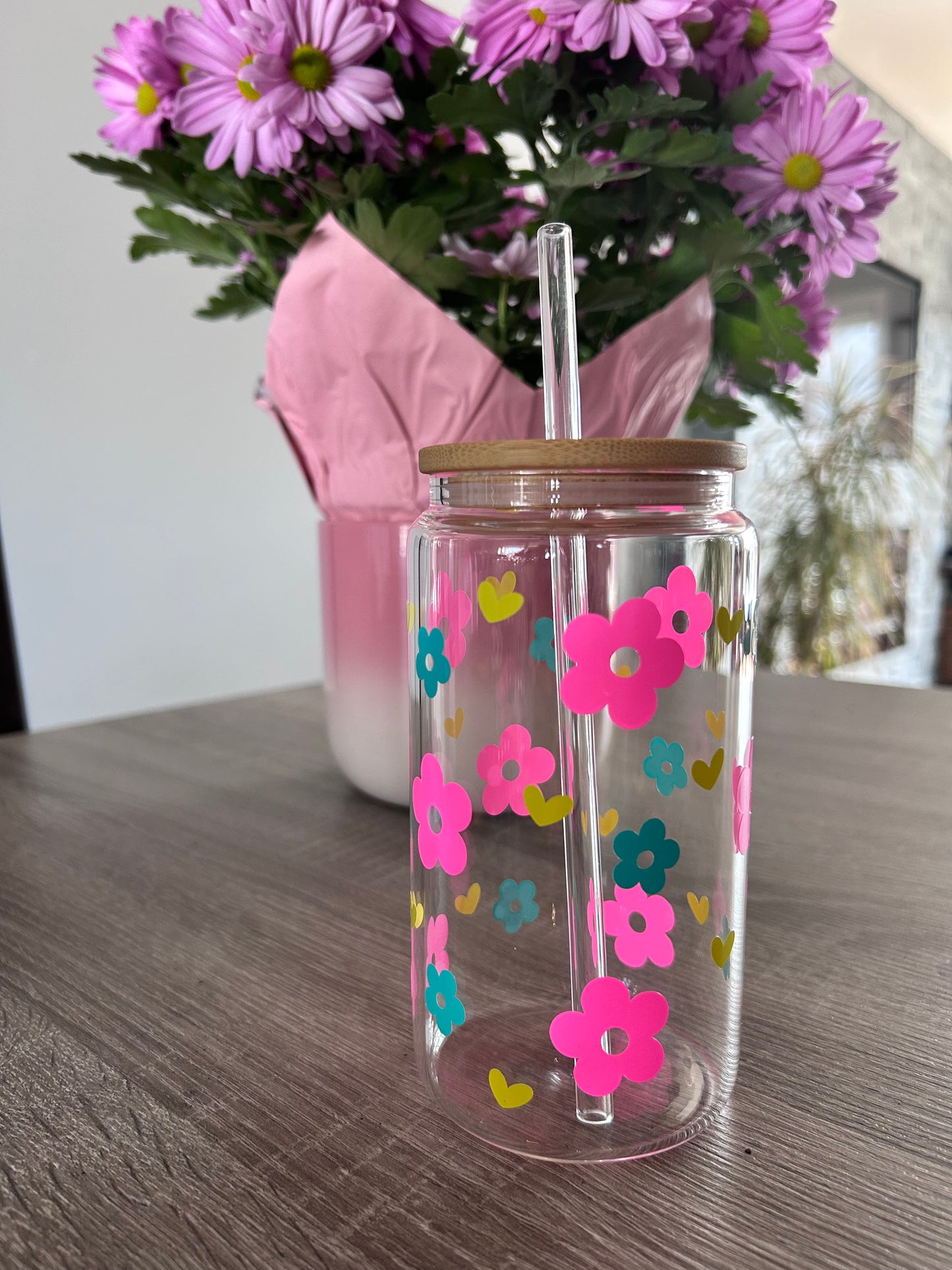 Tumbler en verre avec couvercle et paille (16 oz) - Fleurs 🌸