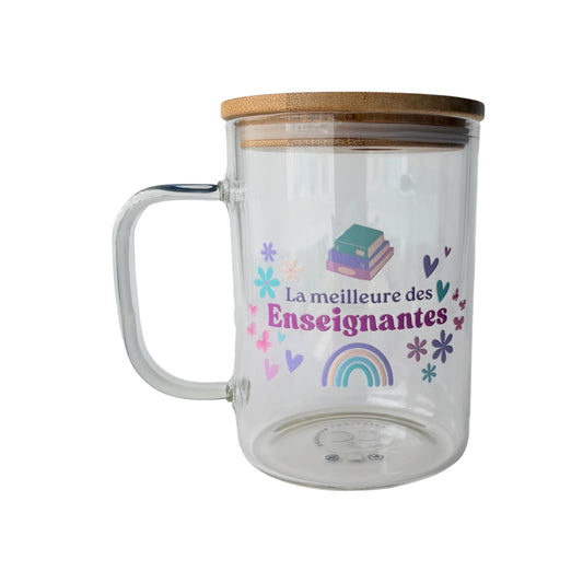 Tasse en verre avec couvercle et paille (17 oz) - La meilleure des enseignante