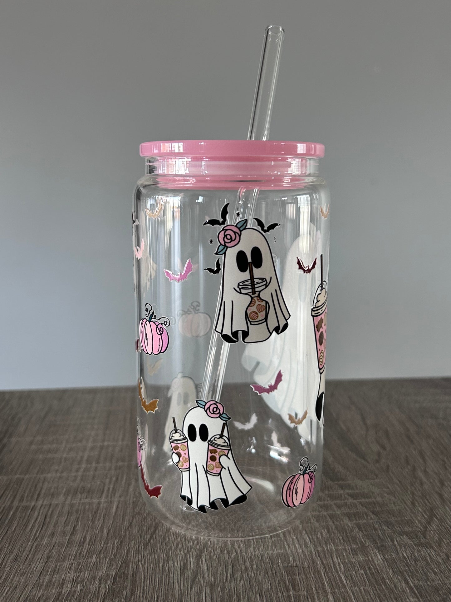 Tumbler en verre avec couvercle et paille (16 oz) - Ice coffee ghost 👻🩷