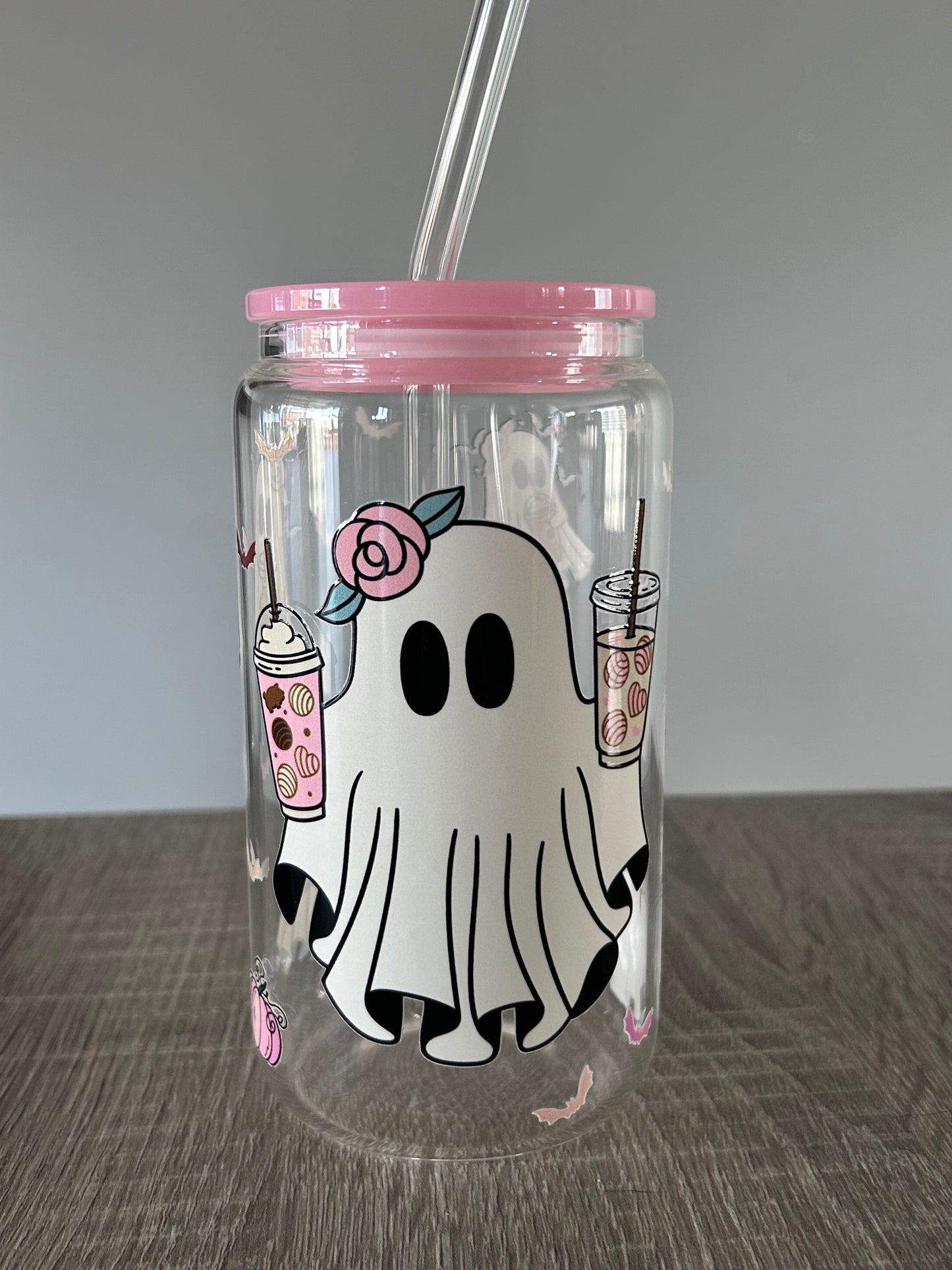 Tumbler en verre avec couvercle et paille (16 oz) - Ice coffee ghost 👻🩷