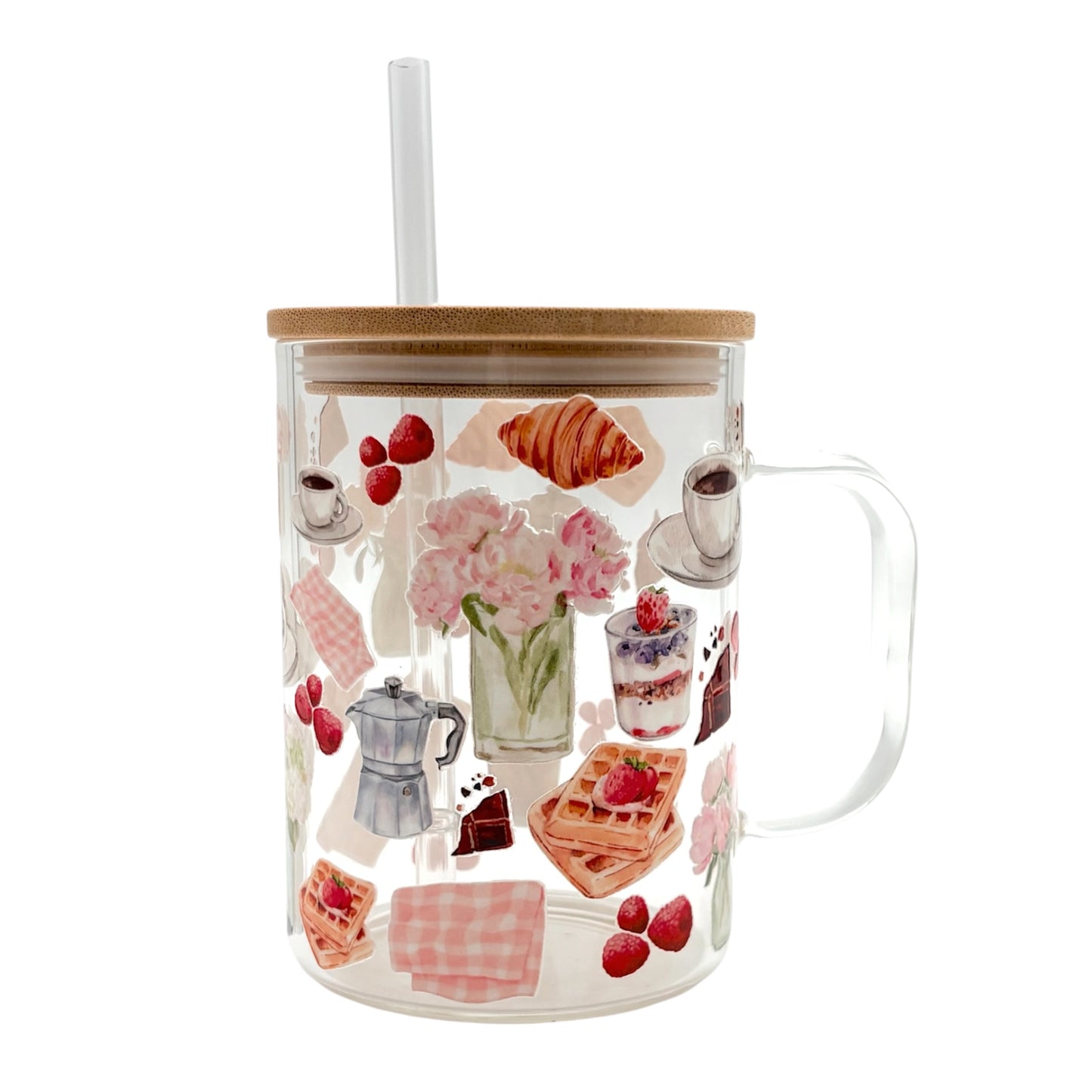Tumbler en verre avec couvercle et paille (16 oz) - Petit déjeuner ☕️🍳🥞