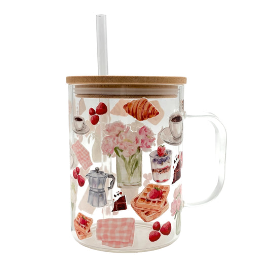 Tumbler en verre avec couvercle et paille (16 oz) - Petit déjeuner ☕️🍳🥞