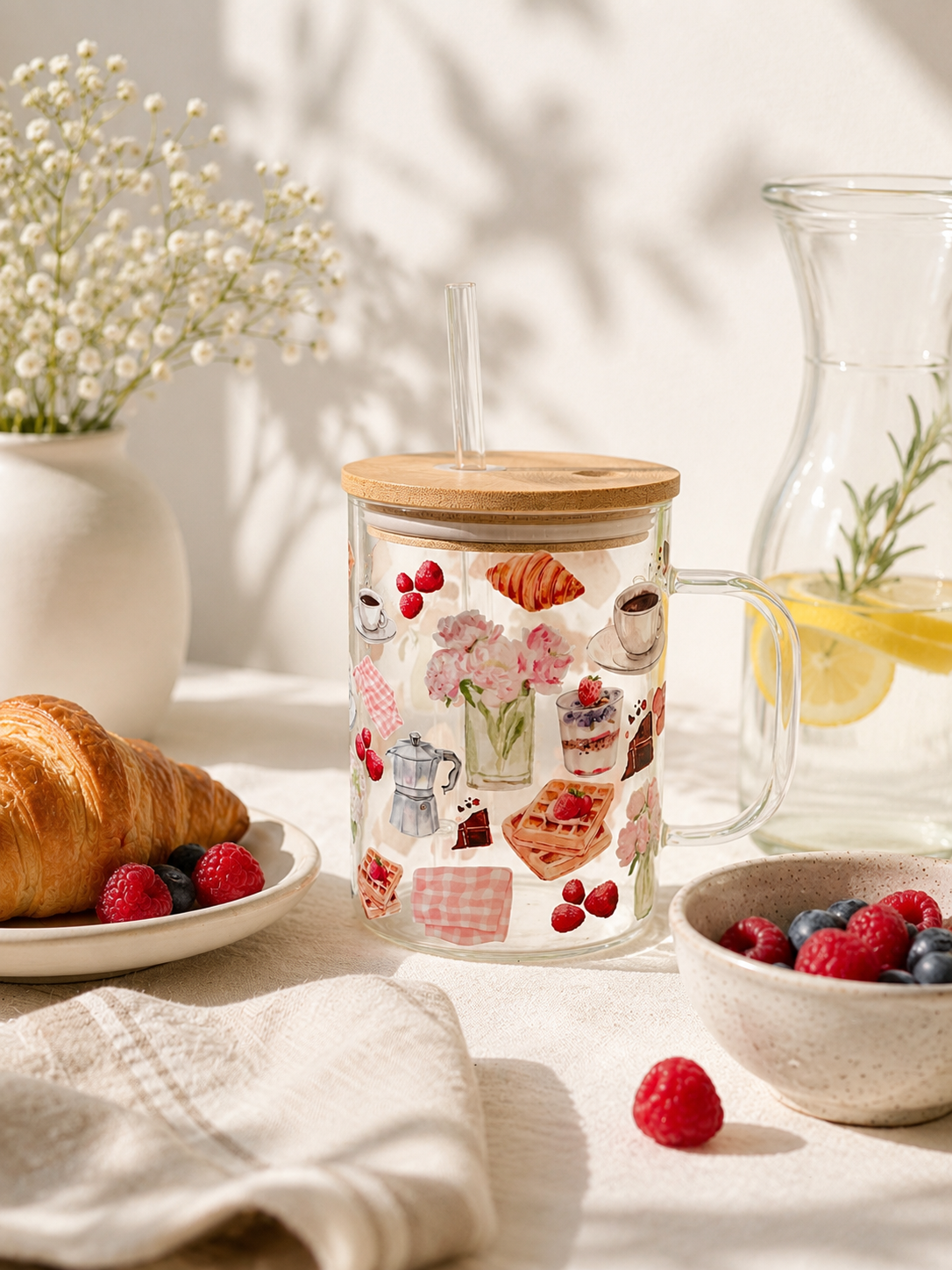 Tumbler en verre avec couvercle et paille (16 oz) - Petit déjeuner ☕️🍳🥞