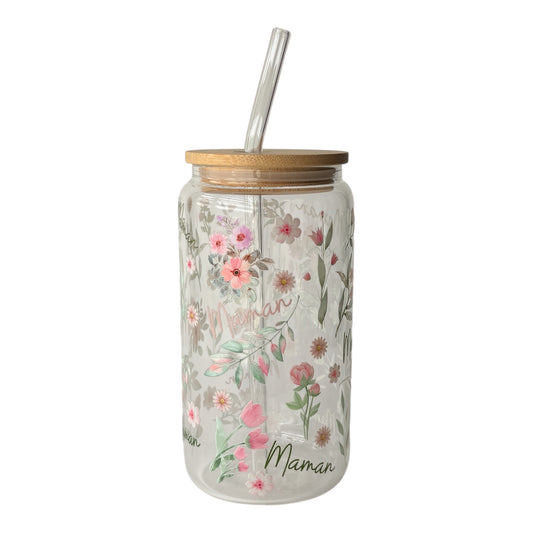 Tumbler en verre avec couvercle et paille (16 oz) - Maman 🌿🌸