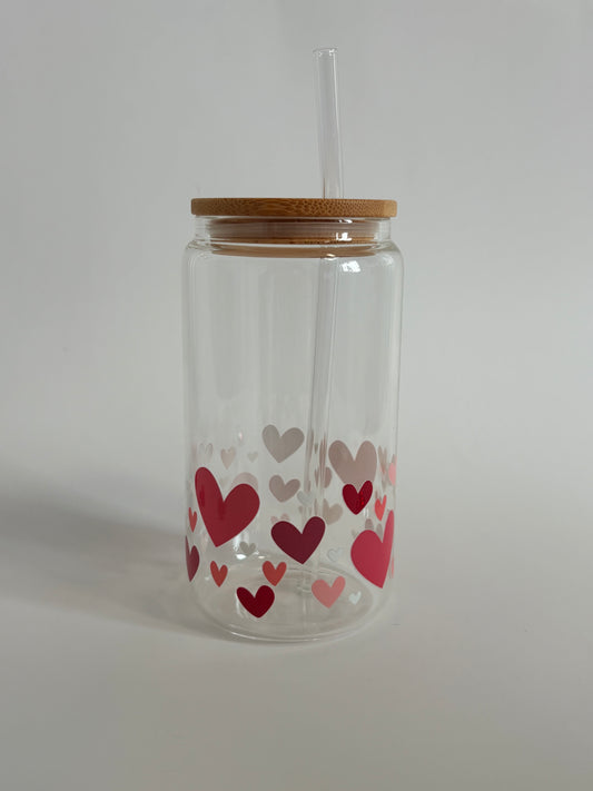 Tumbler en verre avec couvercle et paille (16 oz) - Hearts ❤️