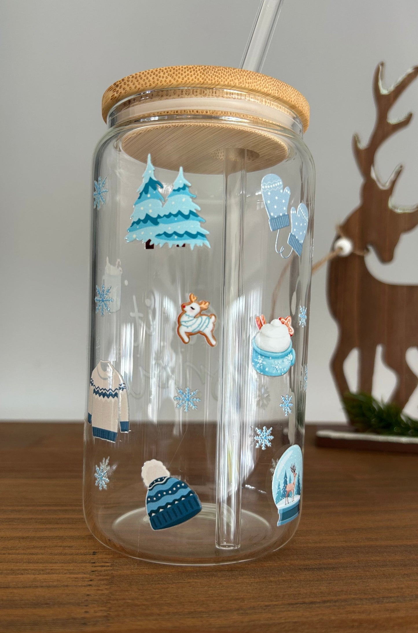 Tumbler en verre avec couvercle et paille (16 oz) - Let it snow ☃️