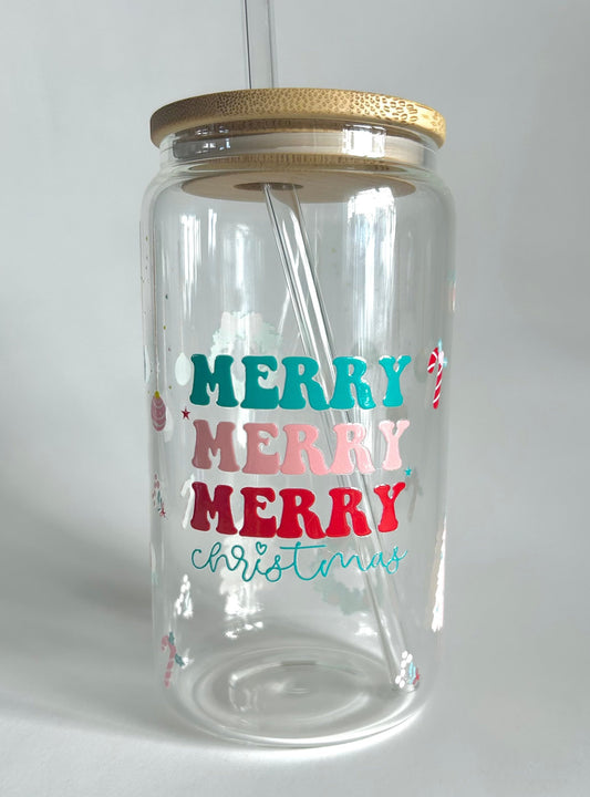 Tumbler en verre avec couvercle et paille (16 oz) - Merry Christmas 🎅🏻