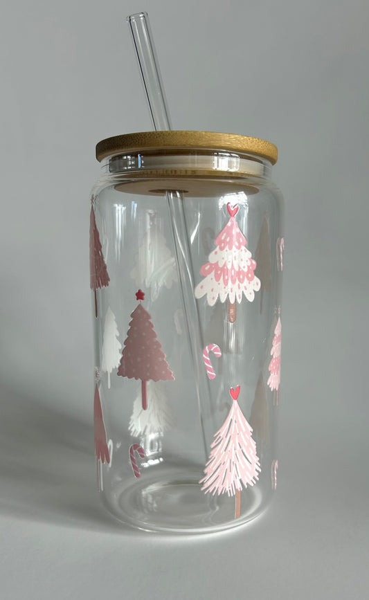 Tumbler en verre avec couvercle et paille (16 oz) - Sapins rose 🌲🩷