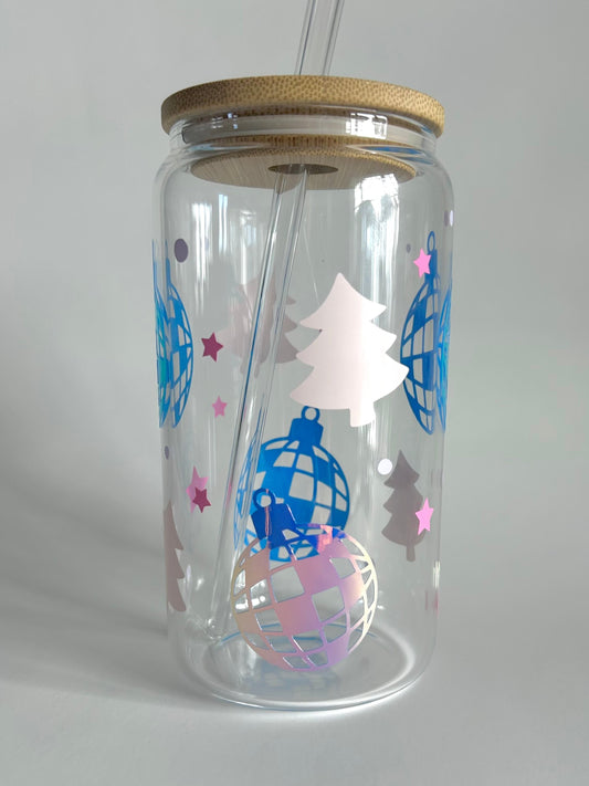 Tumbler en verre avec couvercle et paille (16 oz) - Boule de Noël 🪩