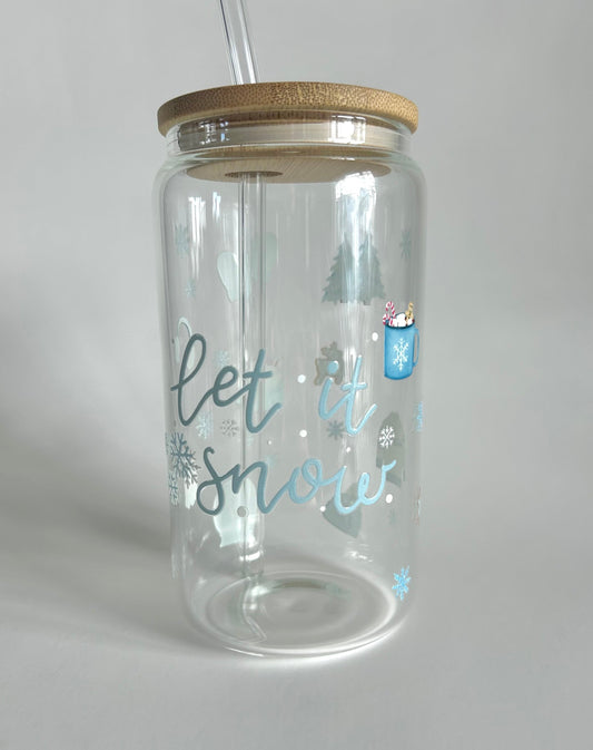 Tumbler en verre avec couvercle et paille (16 oz) - Let it snow ☃️